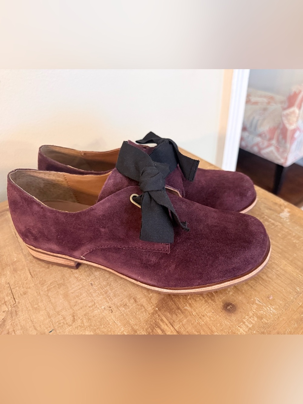 Kork-Ease Burgundy Suede Loafers with Black Ribbon
